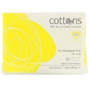 Cottons Прокладки для пре-менопаузы с крылышками и покрывающим слоем из 100% чистого хлопка 8 шт.