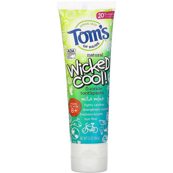 Tom&#x27;s of Maine Wicked Cool! Natural Fluoride Toothpaste Kids 8+ Wild Mint 5.1 oz (144 g)