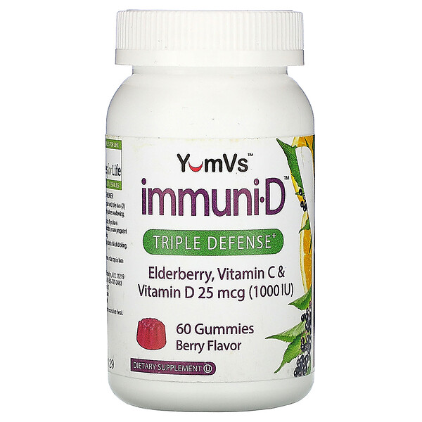 YumV&#x27;s Elderberry Vitamin C & Vitamin D Triple Defense Berry Flavor 25 mcg (1 000 IU) 60 Gummies