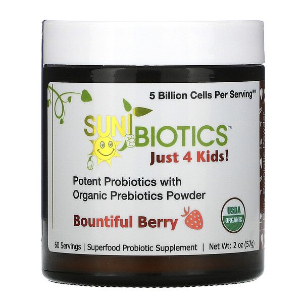 Sunbiotics Just 4 Kids! Potent Probiotics with Organic Prebiotics Powder Bountiful Berry 2 oz (57 g)