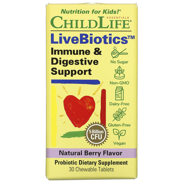 ChildLife LiveBiotics Immune & Digestive Support Natural Berry Flavor 5 Billion CFU 30 Chewable Tablets