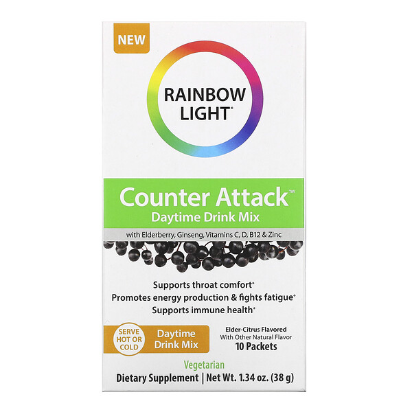 Rainbow Light Counter Attack Daytime Drink Mix with Elderberry Ginseng Vitamins C B12 & Zinc Elder-Citrus 10 Packets 0.1 oz (3.8 g) Each