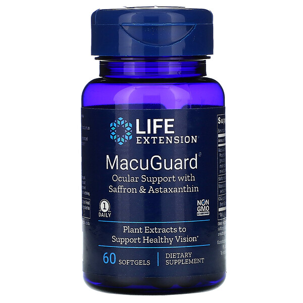 Life Extension MacuGuard поддержка зрения с шафраном и астаксантином 60 мягких капсул