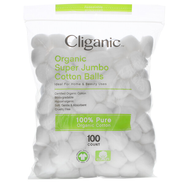 Cliganic Organic Super Jumbo Cotton Balls 100 Count